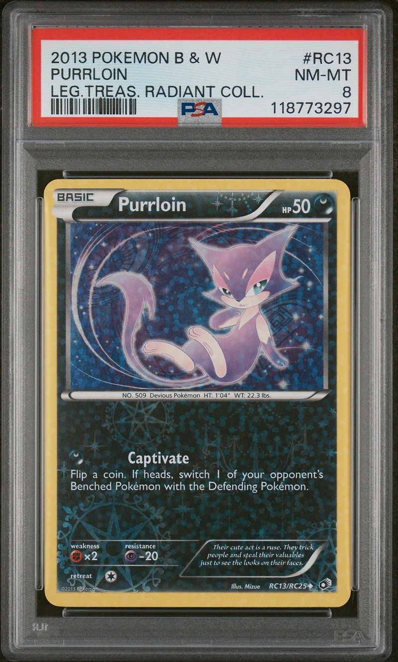 2013 Pokemon Black & White Legendary Treasures Radiant Collection Rc13 Purrloin PSA 8