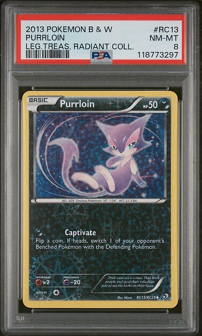 2013 Pokemon Black & White Legendary Treasures Radiant Collection Rc13 Purrloin PSA 8