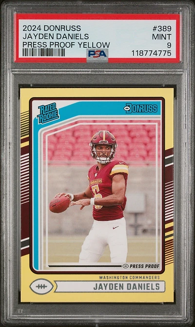 2024 Panini Donruss 389 Jayden Daniels Press Proof Yellow PSA 9