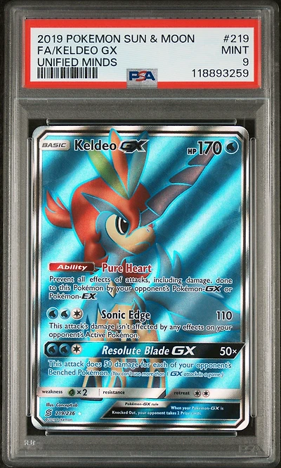 2019 Pokemon Sun & Moon Unified Minds 219 Full Art/keldeo Gx PSA 9