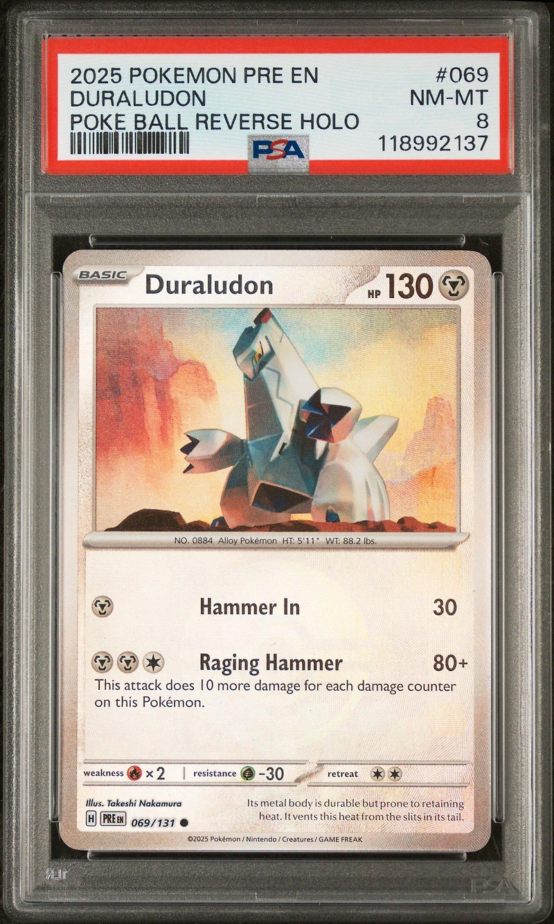2025 Pokemon Pre En-prismatic Evolutions 069 Duraludon Poke Ball Reverse Holo PSA 8