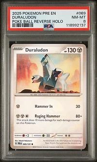 2025 Pokemon Pre En-prismatic Evolutions 069 Duraludon Poke Ball Reverse Holo PSA 8