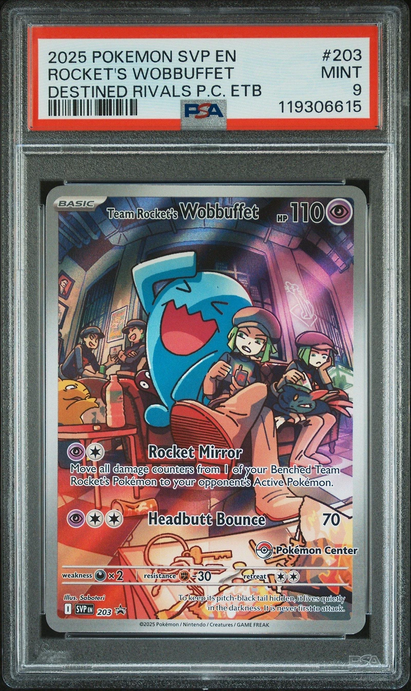 2025 Pokemon Svp En-sv Black Star Promo 203 Team Rocket's Wobbuffet Destined Rivals Pokemon Center Elite Trainer Box PSA