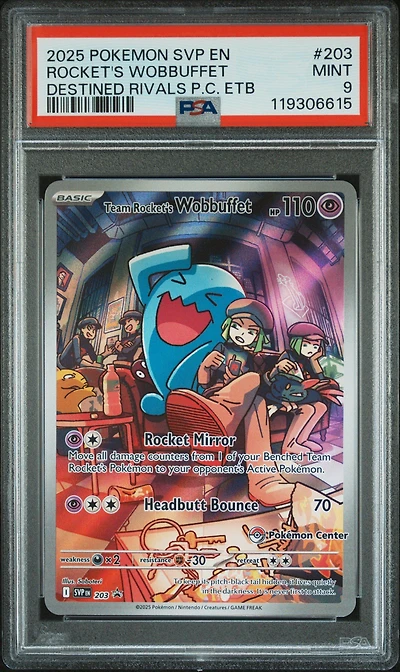 2025 Pokemon Svp En-sv Black Star Promo 203 Team Rocket's Wobbuffet Destined Rivals Pokemon Center Elite Trainer Box PSA