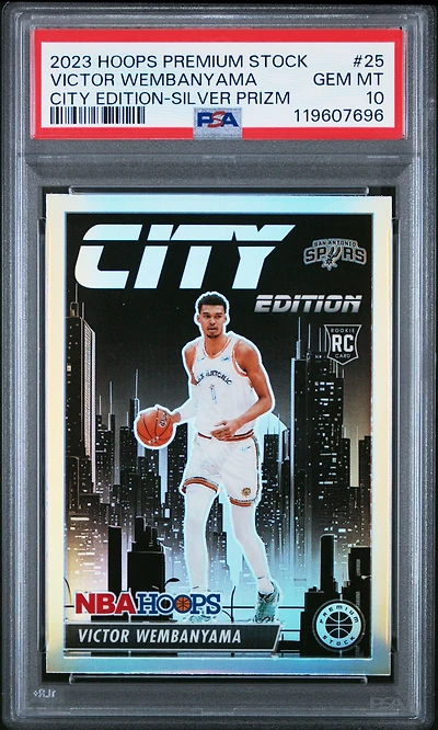 2023 Panini Hoops Premium Stock City Edition 25 Victor Wembanyama Silver Prizm PSA 10
