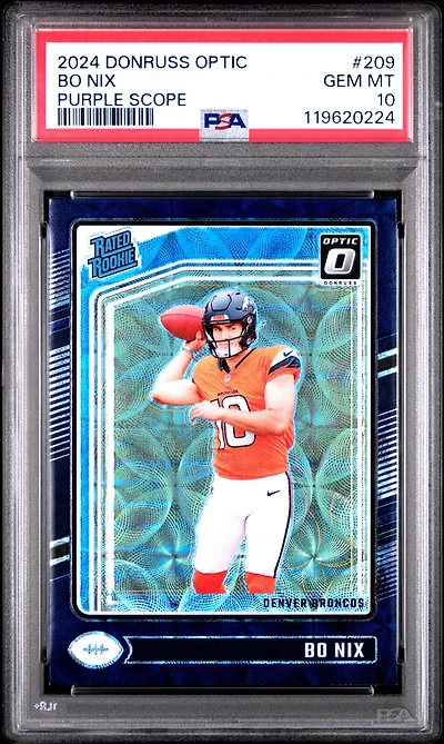 2024 Panini Donruss Optic 209 Bo Nix Purple Scope PSA 10