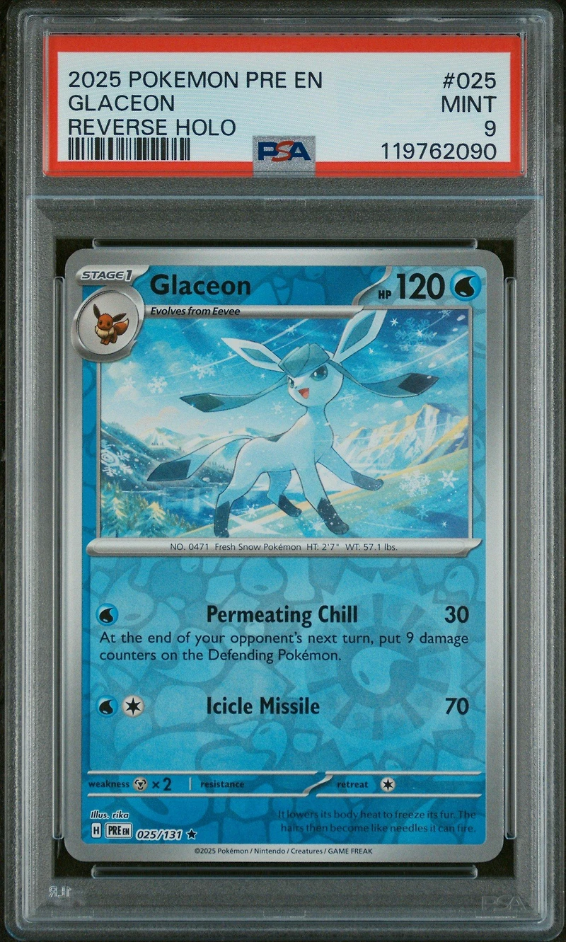 2025 Pokemon Pre En-prismatic Evolutions 025 Glaceon Reverse Holo PSA 9