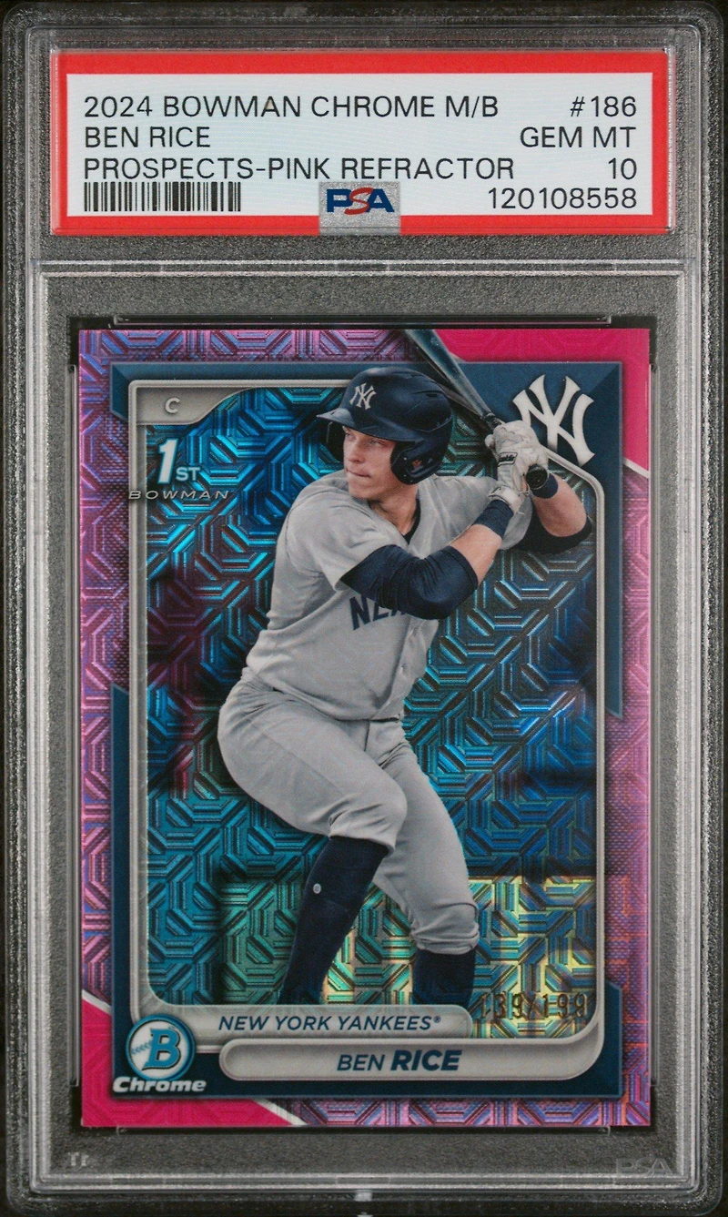 2024 Bowman Mega Box Chrome Prospects 186 Ben Rice Pink Refractor PSA 10