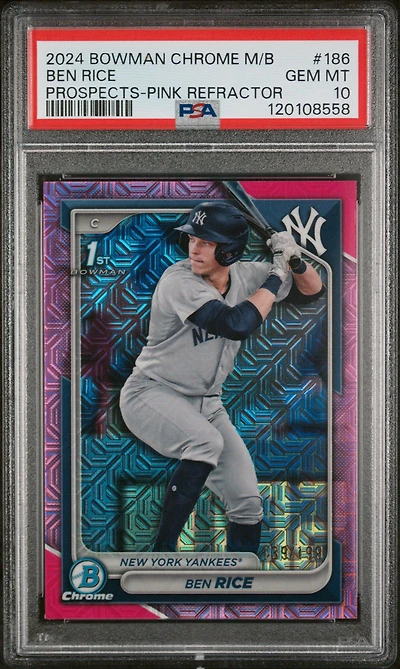 2024 Bowman Mega Box Chrome Prospects 186 Ben Rice Pink Refractor PSA 10