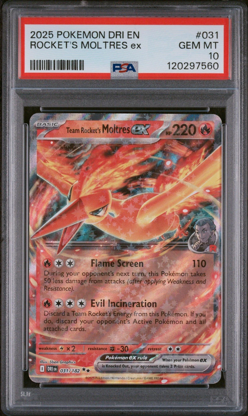 2025 Pokemon Dri En-destined Rivals 031 Team Rocket's Moltres Ex PSA 10