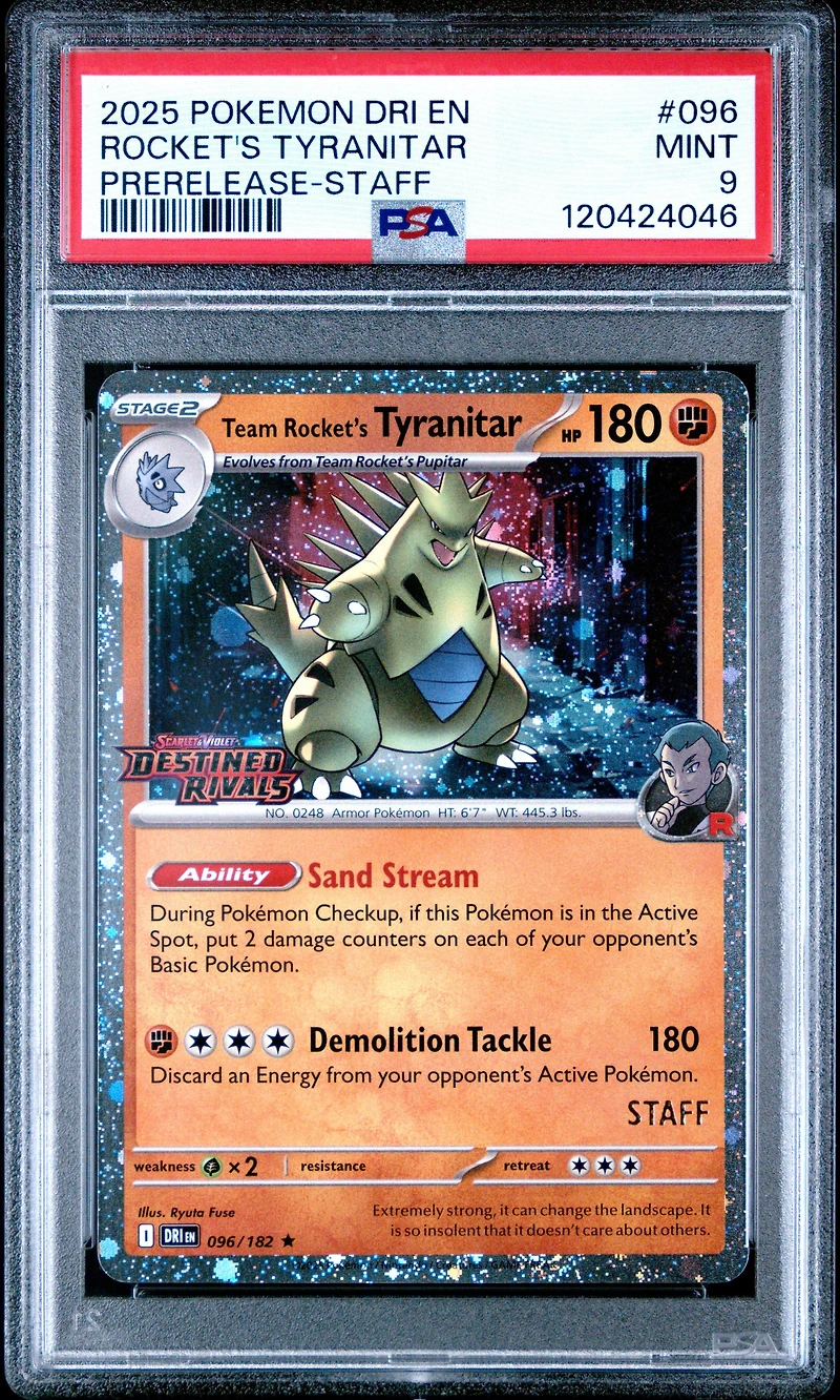 2025 Pokemon Dri En-destined Rivals 096 Team Rocket's Tyranitar Prerelease-staff PSA