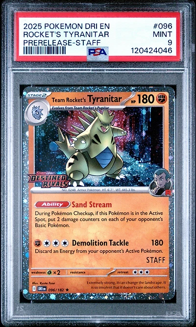 2025 Pokemon Dri En-destined Rivals 096 Team Rocket's Tyranitar Prerelease-staff PSA