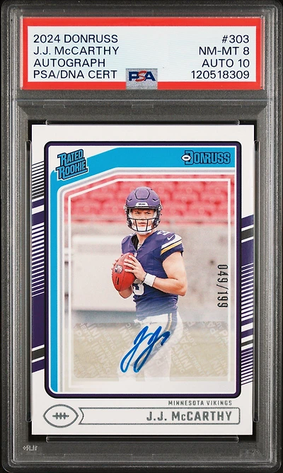 2024 Panini Donruss 303 Jj Mccarthy Autograph PSA 8