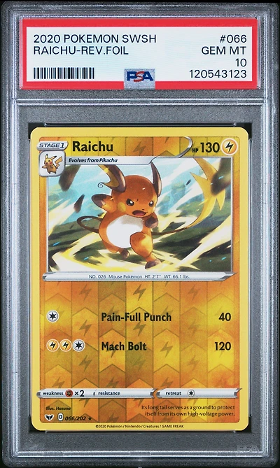 2020 Pokemon Sword & Shield 066 Raichu-reverse Foil PSA 10