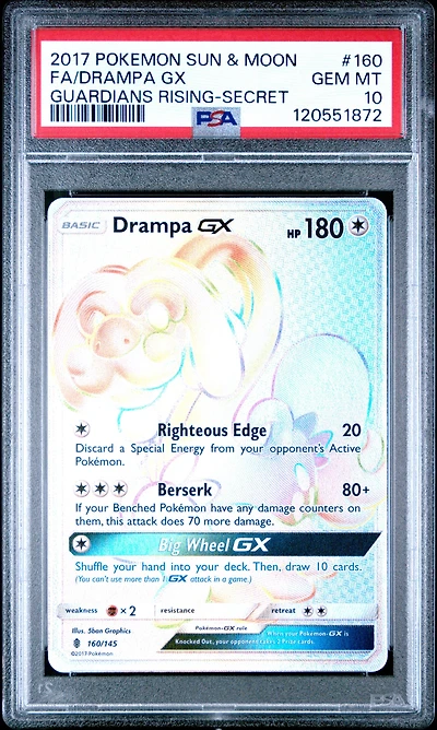 2017 Pokemon Sun & Moon Guardians Rising 160 Full Art/drampa Gx Secret PSA 10