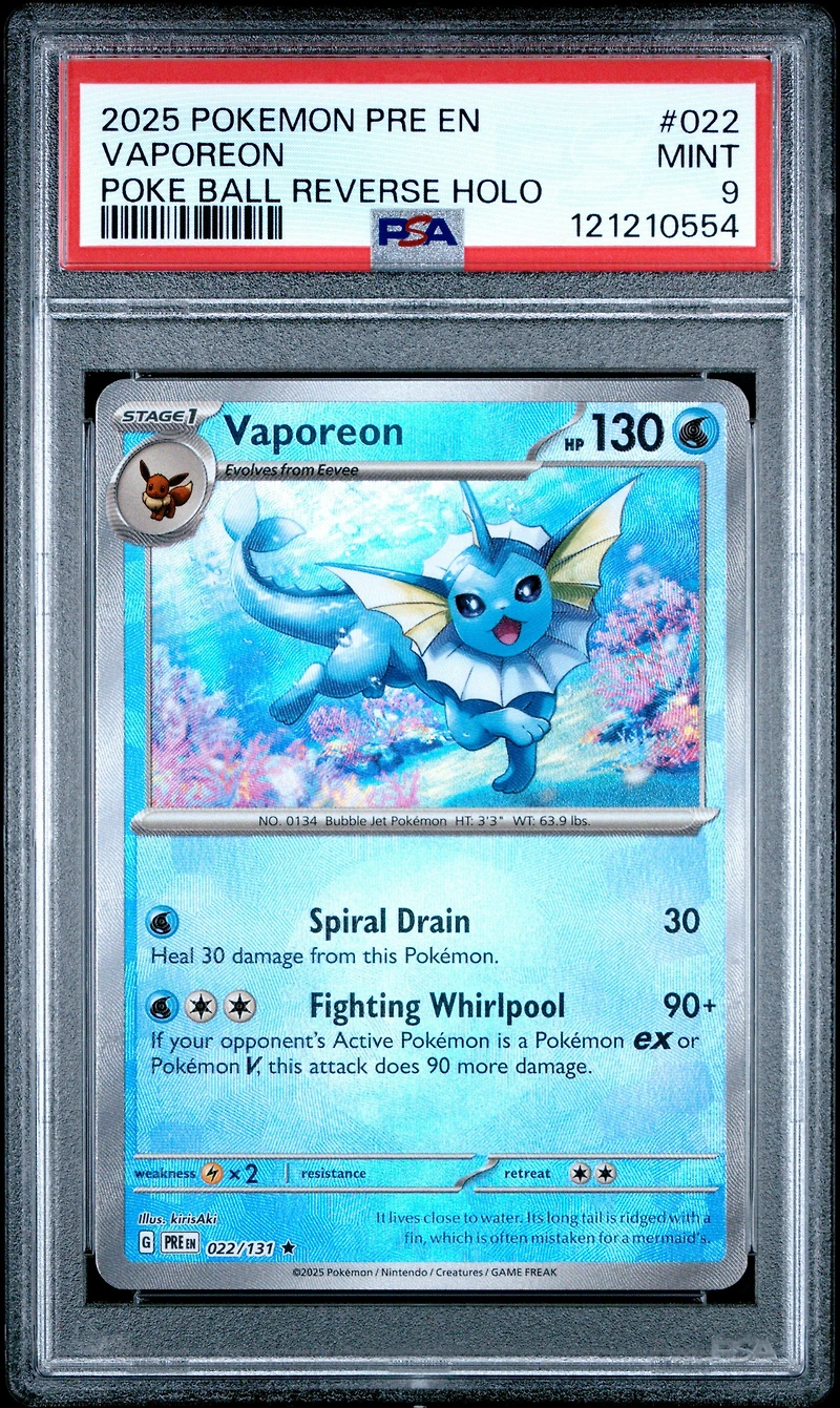 2025 Pokemon Pre En-prismatic Evolutions 022 Vaporeon Poke Ball Reverse Holo PSA 9