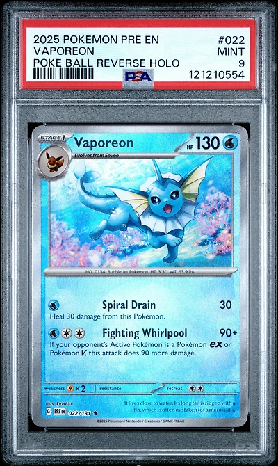 2025 Pokemon Pre En-prismatic Evolutions 022 Vaporeon Poke Ball Reverse Holo PSA 9