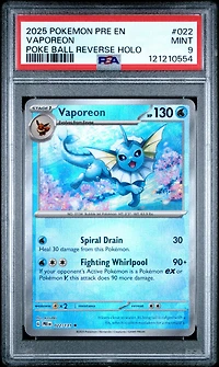 2025 Pokemon Pre En-prismatic Evolutions 022 Vaporeon Poke Ball Reverse Holo PSA 9