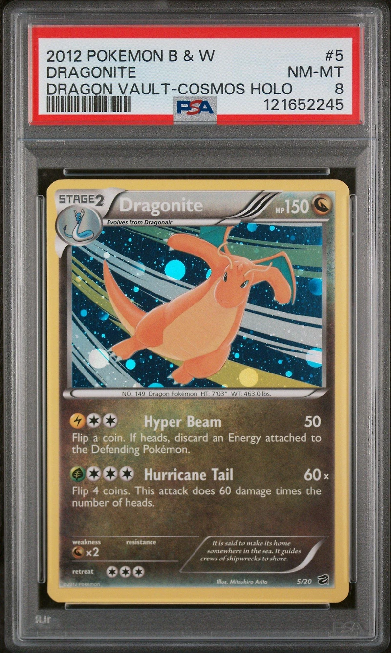 2012 Pokemon Black & White Dragon Vault 5 Dragonite Cosmos Holo PSA 8