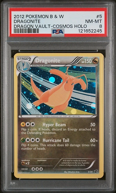 2012 Pokemon Black & White Dragon Vault 5 Dragonite Cosmos Holo PSA 8