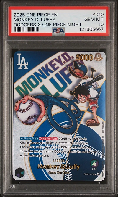 2025 One Piece Promos 010 Monkey D. Luffy Dodgers X One Piece Night PSA 10