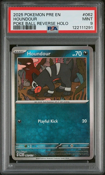 2025 Pokemon Pre En-prismatic Evolutions 062 Houndour Poke Ball Reverse Holo PSA 9