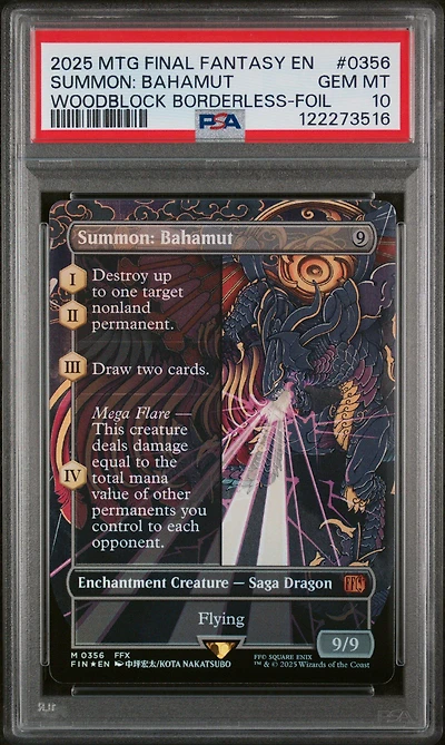 2025 Magic The Gathering Final Fantasy 0356 Summon: Bahamut Woodblock Borderless-foil PSA 10
