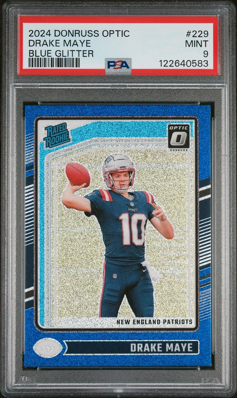 2024 Panini Donruss Optic 229 Drake Maye Blue Glitter PSA 9