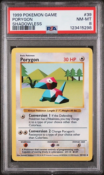 1999 Pokemon Game 39 Porygon Shadowless PSA 8