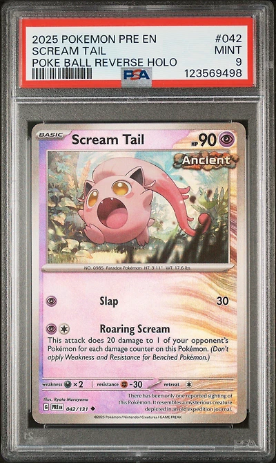 2025 Pokemon Pre En-prismatic Evolutions 042 Scream Tail Poke Ball Reverse Holo PSA 9