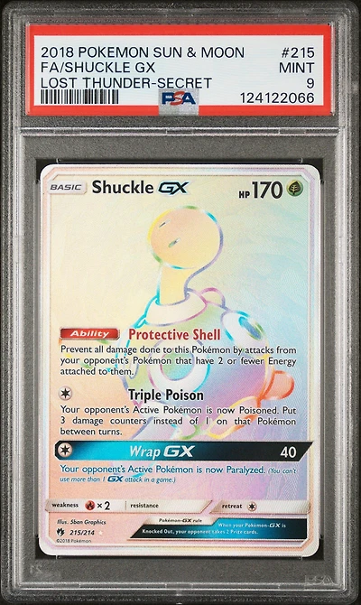 2018 Pokemon Sun & Moon Lost Thunder 215 Full Art/shuckle Gx Secret PSA 9