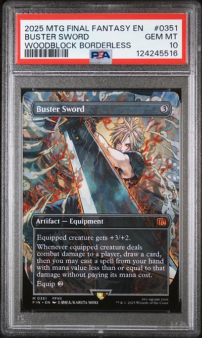 2025 Magic The Gathering Final Fantasy 0351 Buster Sword Woodblock Borderless PSA 10