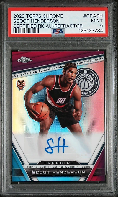 2023 Topps Chrome Certified Rookie Autographs Crash Scoot Henderson Refractor PSA 9