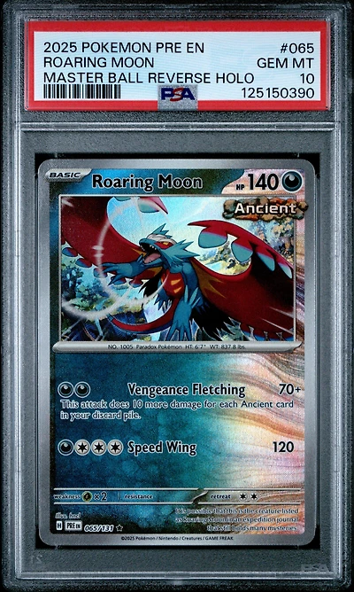 2025 Pokemon Pre En-prismatic Evolutions 065 Roaring Moon Master Ball Reverse Holo PSA