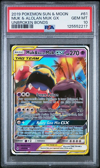 2019 Pokemon Sun & Moon Unbroken Bonds 61 Muk & Alolan Muk Gx PSA 10