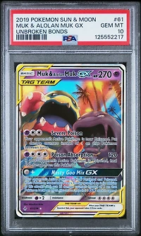 2019 Pokemon Sun & Moon Unbroken Bonds 61 Muk & Alolan Muk Gx PSA 10