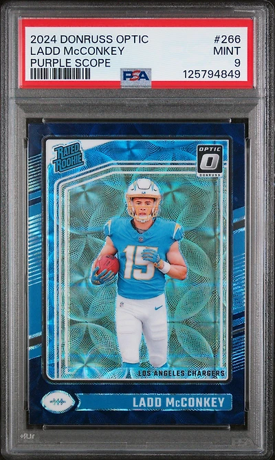 2024 Panini Donruss Optic 266 Ladd Mcconkey Purple Scope PSA 9