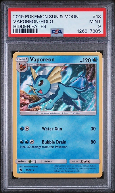 2019 Pokemon Sun & Moon Hidden Fates 18 Vaporeon-holo PSA