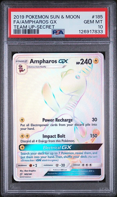2019 Pokemon Sun & Moon Team Up 185 Full Art/ampharos Gx Secret PSA
