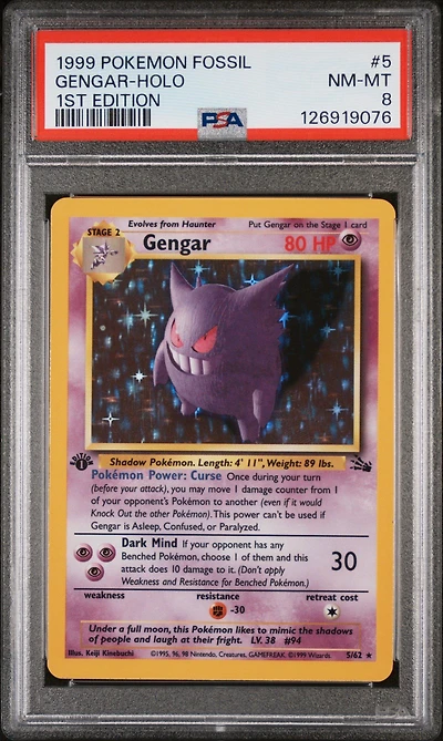 1999 Pokemon Fossil 5 Gengar-holo 1st Edition PSA 8