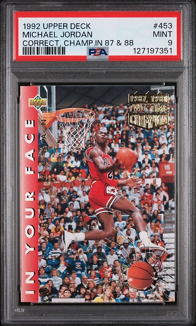 1992 Upper Deck 453 Michael Jordan Correct, Champ.in 87 & 88 PSA 9