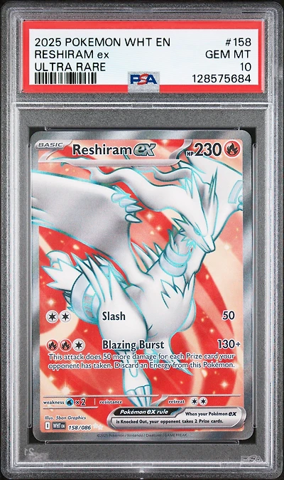 2025 Pokemon Wht En-white Flare 158 Reshiram Ex Ultra Rare PSA 10