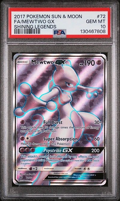 2017 Pokemon Sun & Moon Shining Legends 72 Full Art/mewtwo Gx PSA