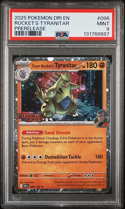 2025 Pokemon Dri En-destined Rivals 096 Team Rocket's Tyranitar Prerelease PSA 9