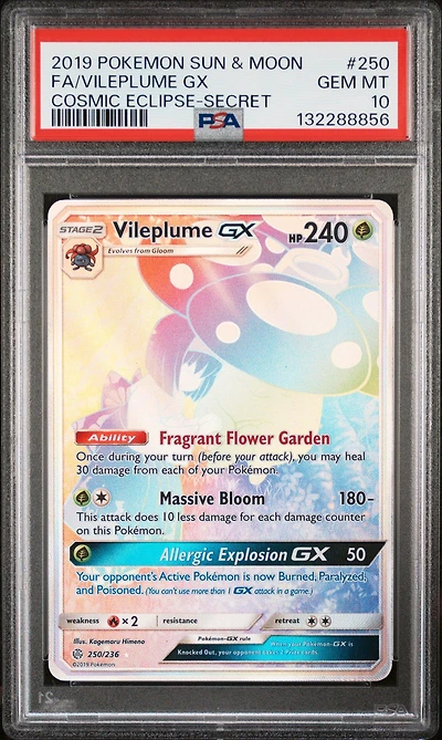 2019 Pokemon Sun & Moon Cosmic Eclipse 250 Full Art/vileplume Gx Secret PSA 10