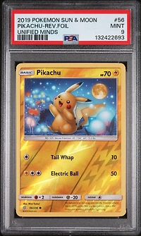 2019 Pokemon Sun & Moon Unified Minds 56 Pikachu-reverse Foil PSA 9