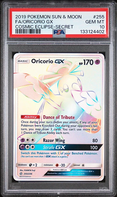 2019 Pokemon Sun & Moon Cosmic Eclipse 255 Full Art/oricorio Gx Secret PSA 10