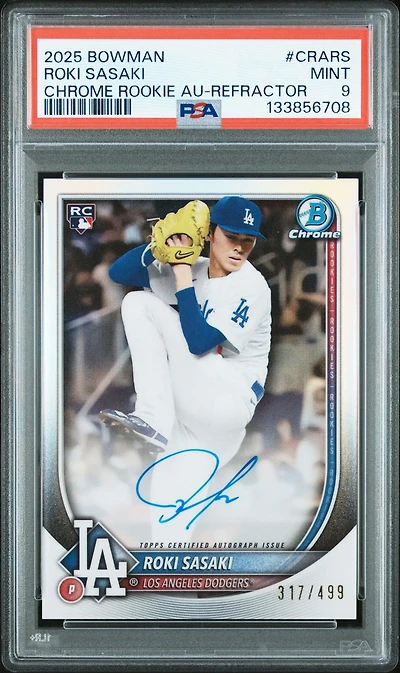 2025 Bowman Chrome Rookie Autographs Crars Roki Sasaki Refractor PSA 9