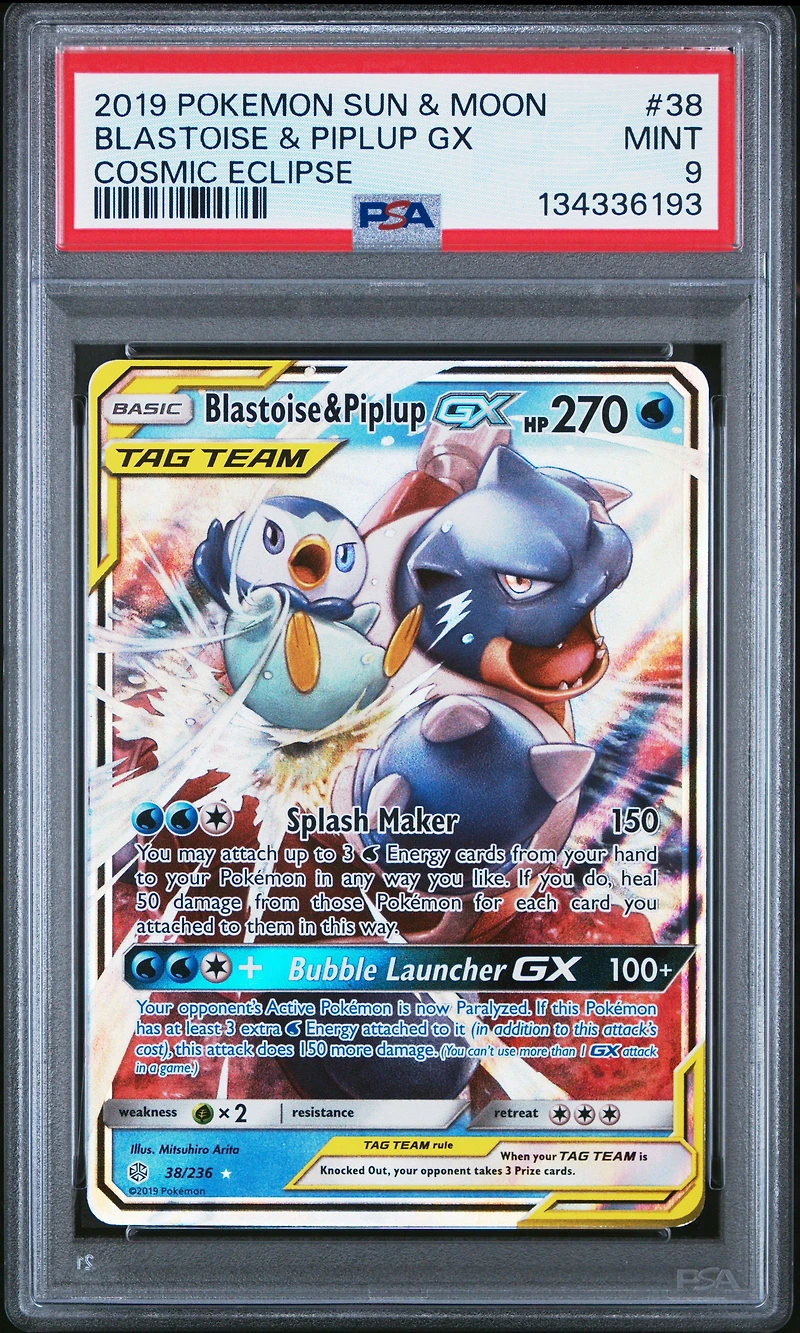 2019 Pokemon Sun & Moon Cosmic Eclipse 38 Blastoise & Piplup Gx PSA