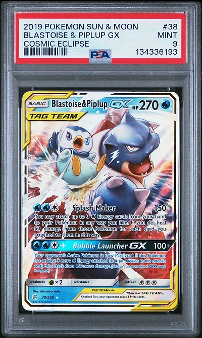 2019 Pokemon Sun & Moon Cosmic Eclipse 38 Blastoise & Piplup Gx PSA